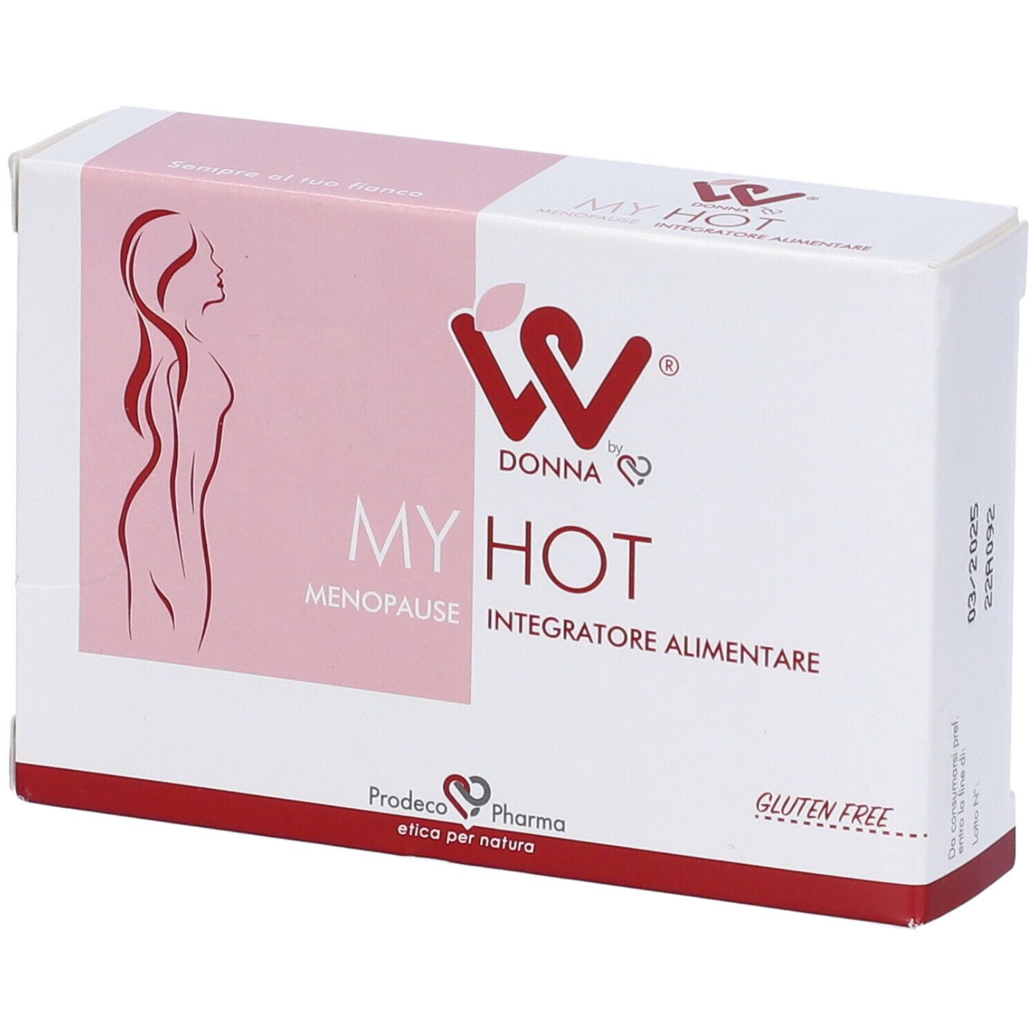 Confezione del prodotto con logo, scritta MY HOT, Menopausa, Integratore Alimentare. Senza glutine. Colori rosa e bianco.
