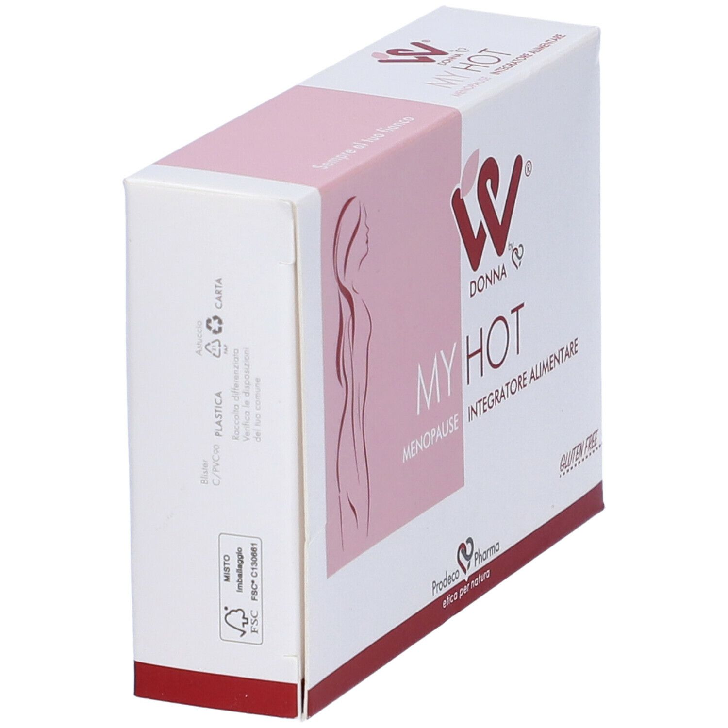 Confezione del prodotto, vista laterale. Logo, scritta MY HOT, Menopausa, Integratore Alimentare. Colori rosa e bianco. Simboli di riciclaggio.