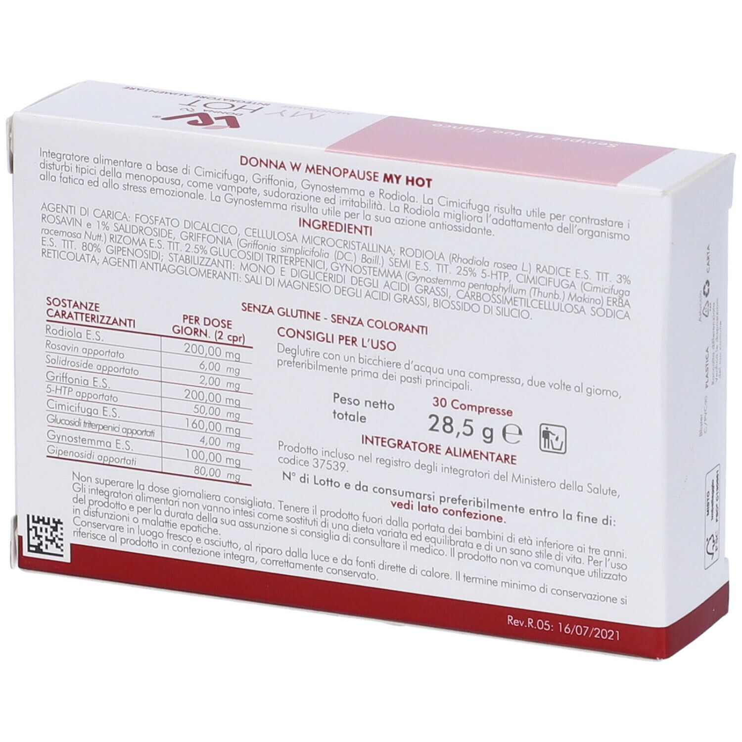 Retro della confezione del prodotto. Informazioni testuali, ingredienti, istruzioni per l'uso. Indicazione senza glutine. Colori rosa e bianco.