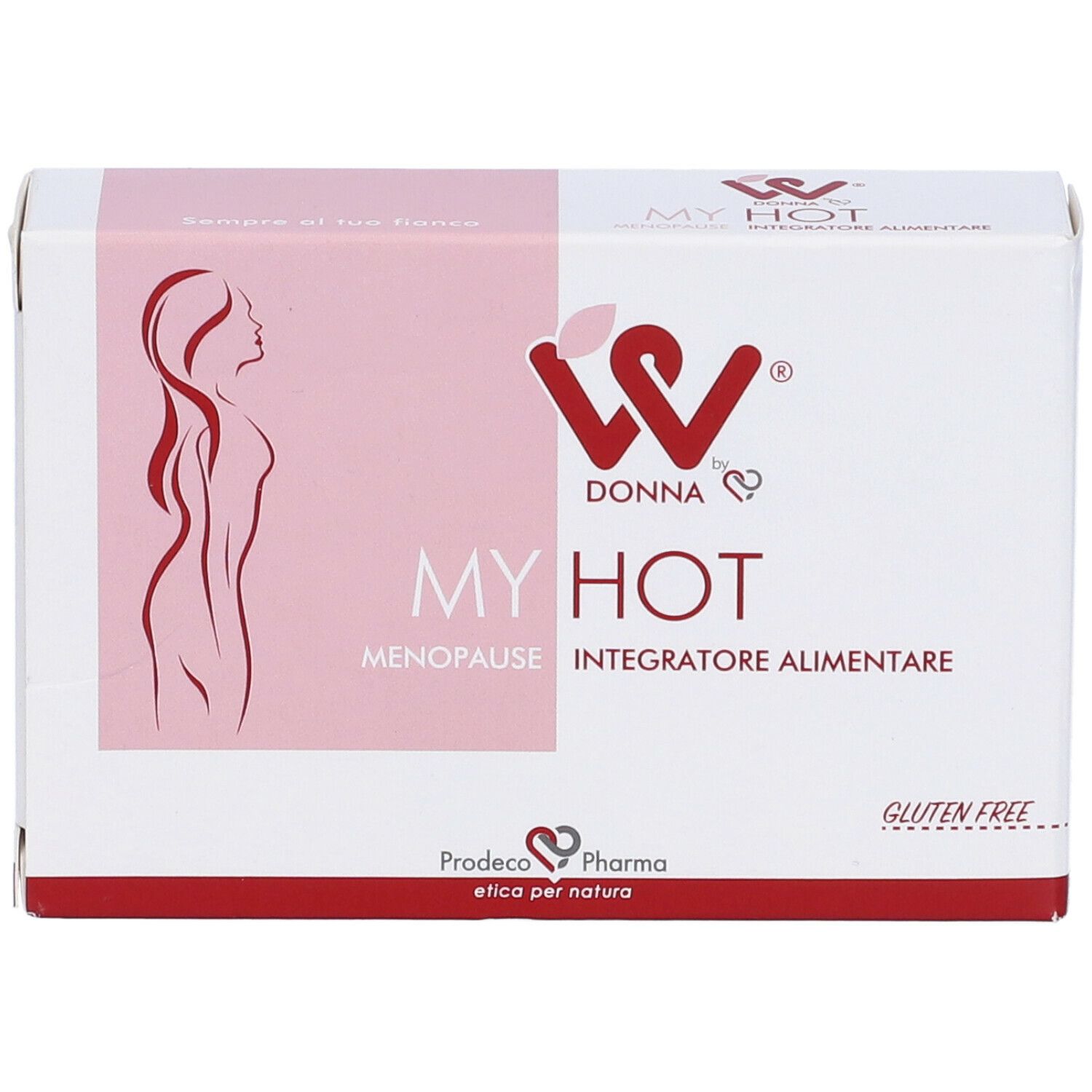 Confezione del prodotto con logo, scritta MY HOT, Menopausa, Integratore Alimentare. Senza glutine. Colori rosa e bianco.