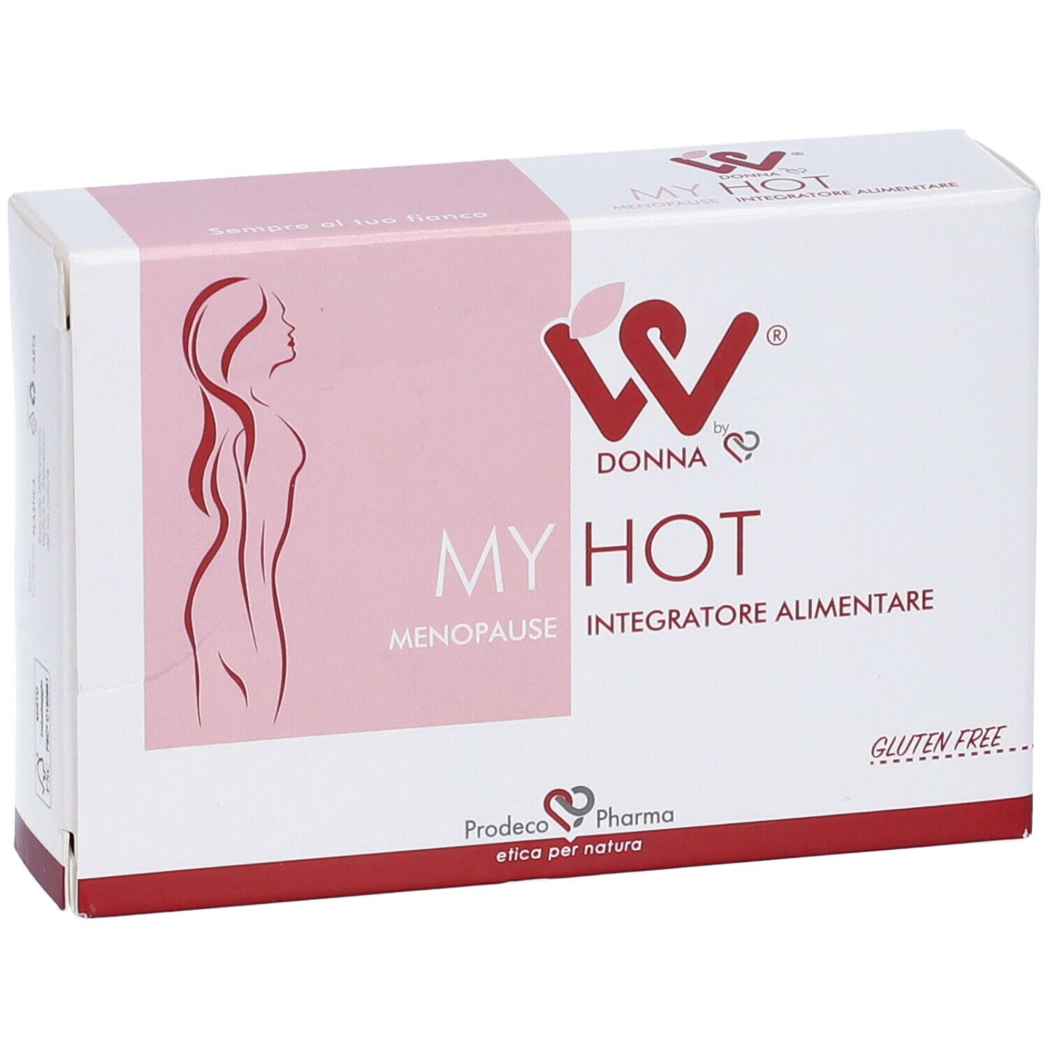 Confezione del prodotto con logo, scritta MY HOT, Menopausa, Integratore Alimentare. Senza glutine. Colori rosa e bianco.