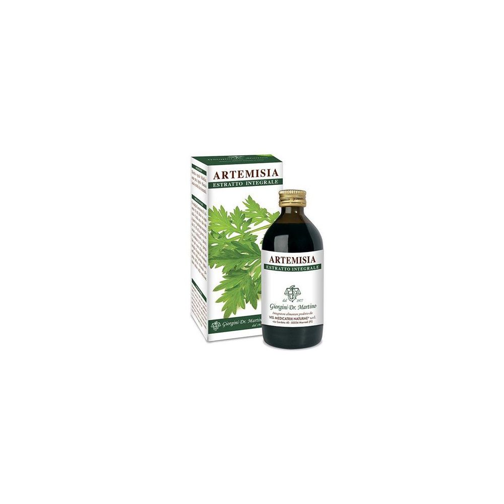 Bottiglia di vetro marrone e scatola con il nome del prodotto Artemisia Estratto Integrale. Entrambi con foglie verdi stampate.