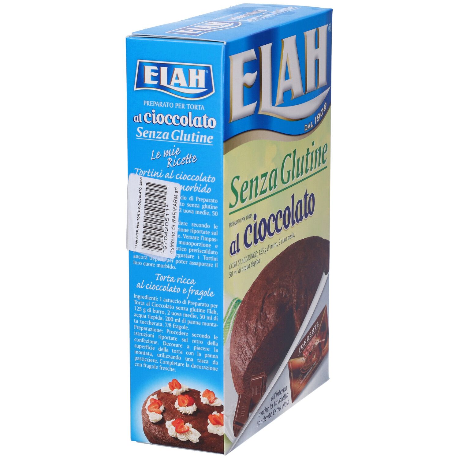 Confezione blu di Elah Preparato per Torta al Cioccolato Senza Glutine. Testo: Senza Glutine al cioccolato. Vista laterale con informazioni e torta.