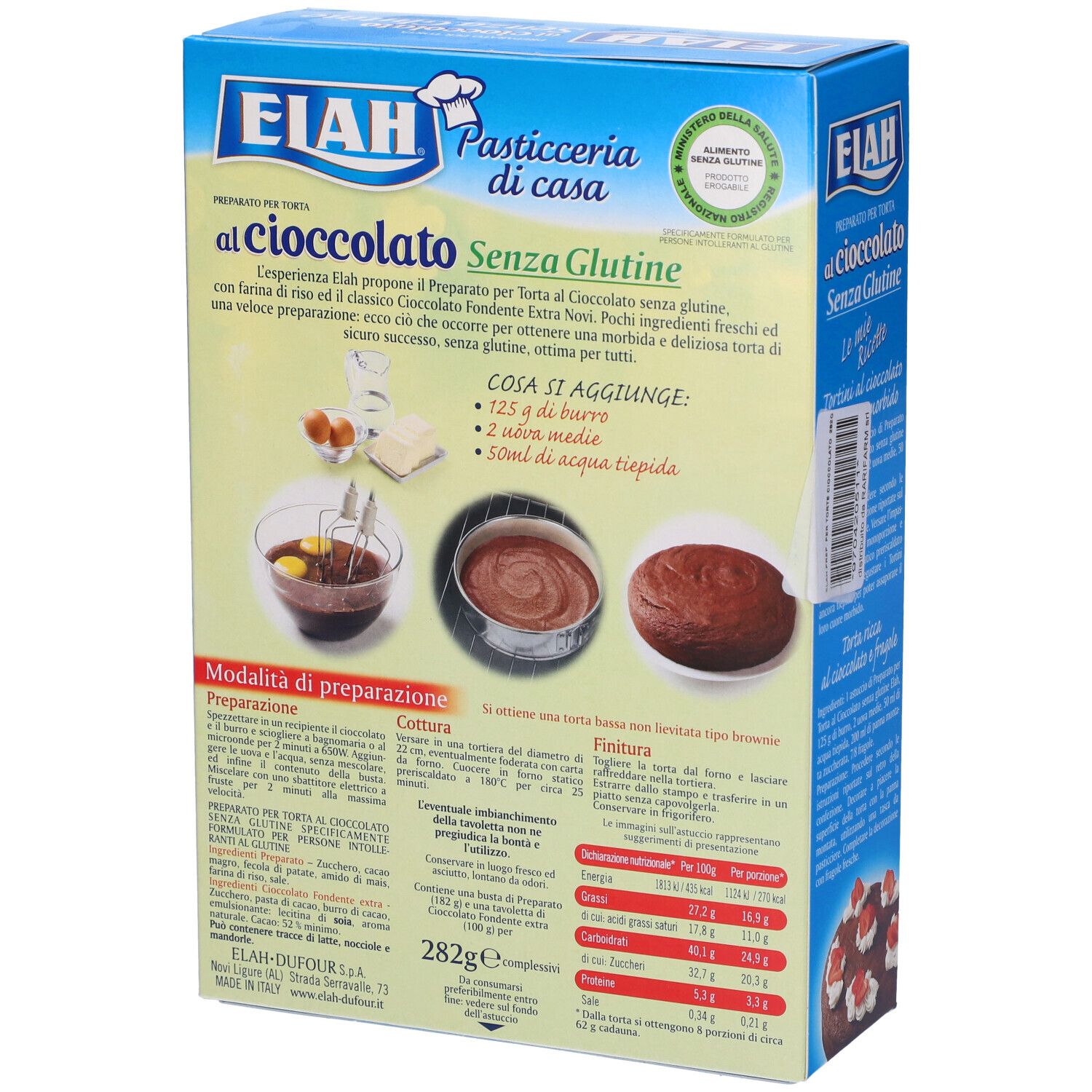 Retro della confezione Elah Preparato per Torta al Cioccolato Senza Glutine. Testo: Senza Glutine al cioccolato. Immagini di ingredienti e preparazione.
