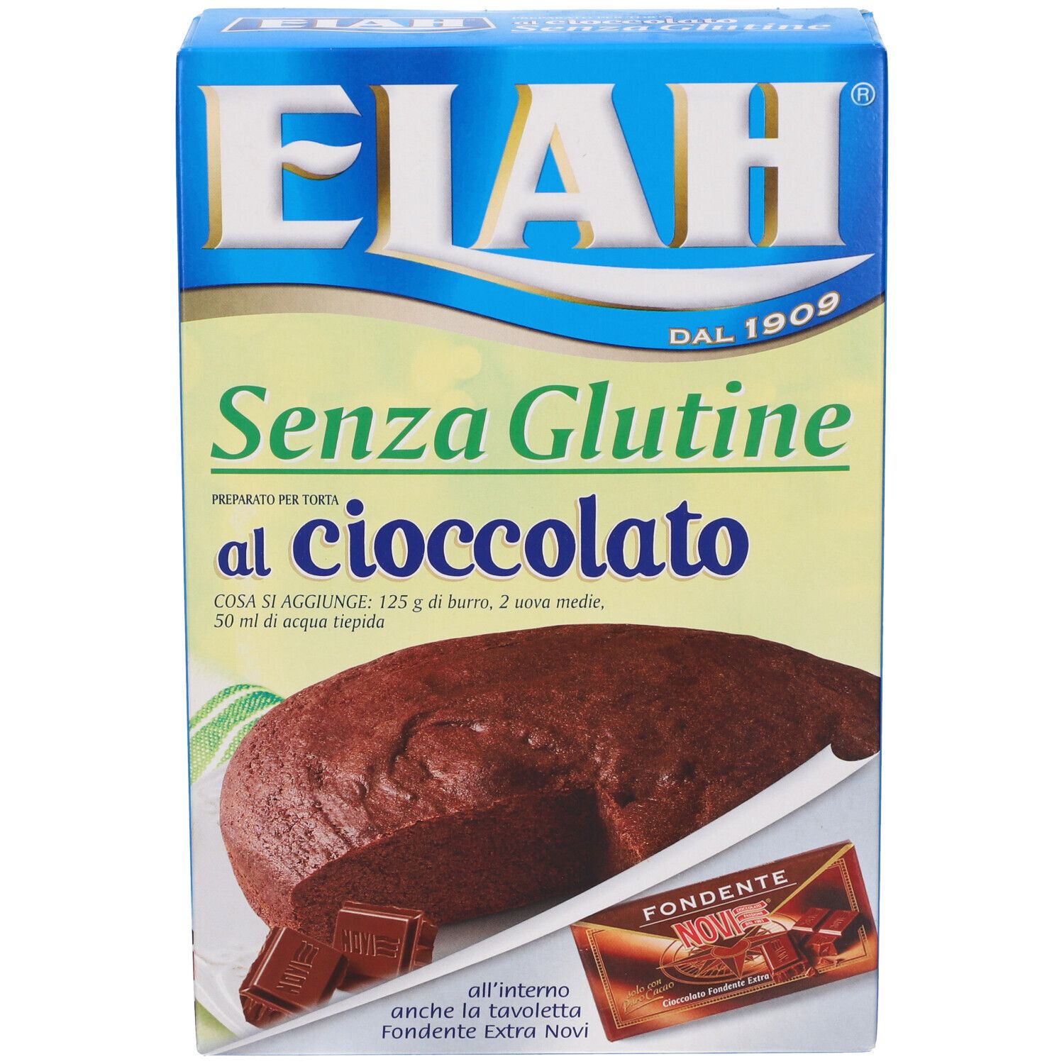 Confezione di Elah Preparato per Torta al Cioccolato Senza Glutine. Testo: Senza Glutine al cioccolato. Immagine di torta e cioccolatini.