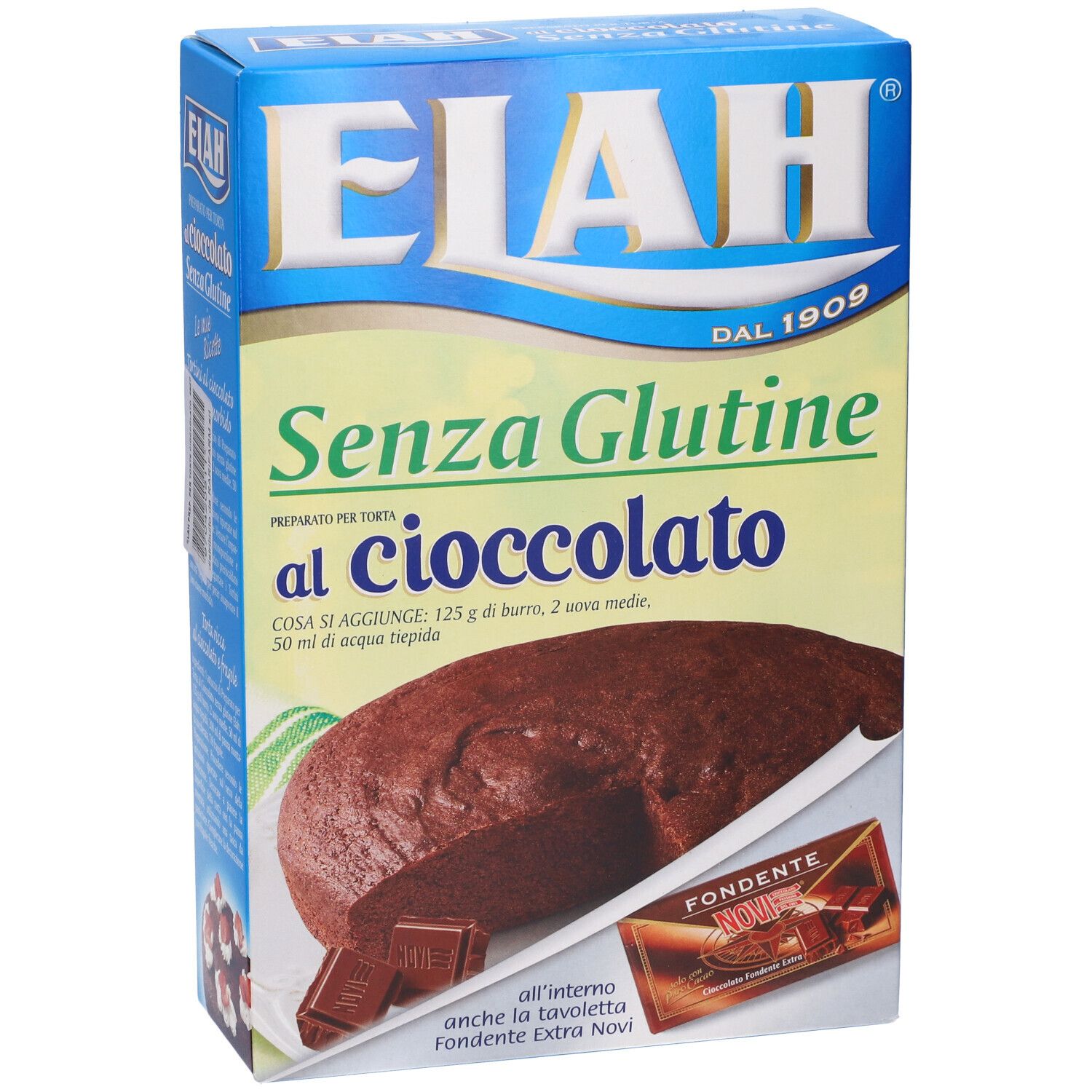 Confezione di Elah Preparato per Torta al Cioccolato Senza Glutine. Testo: Senza Glutine al cioccolato. Immagine di torta e cioccolatini.
