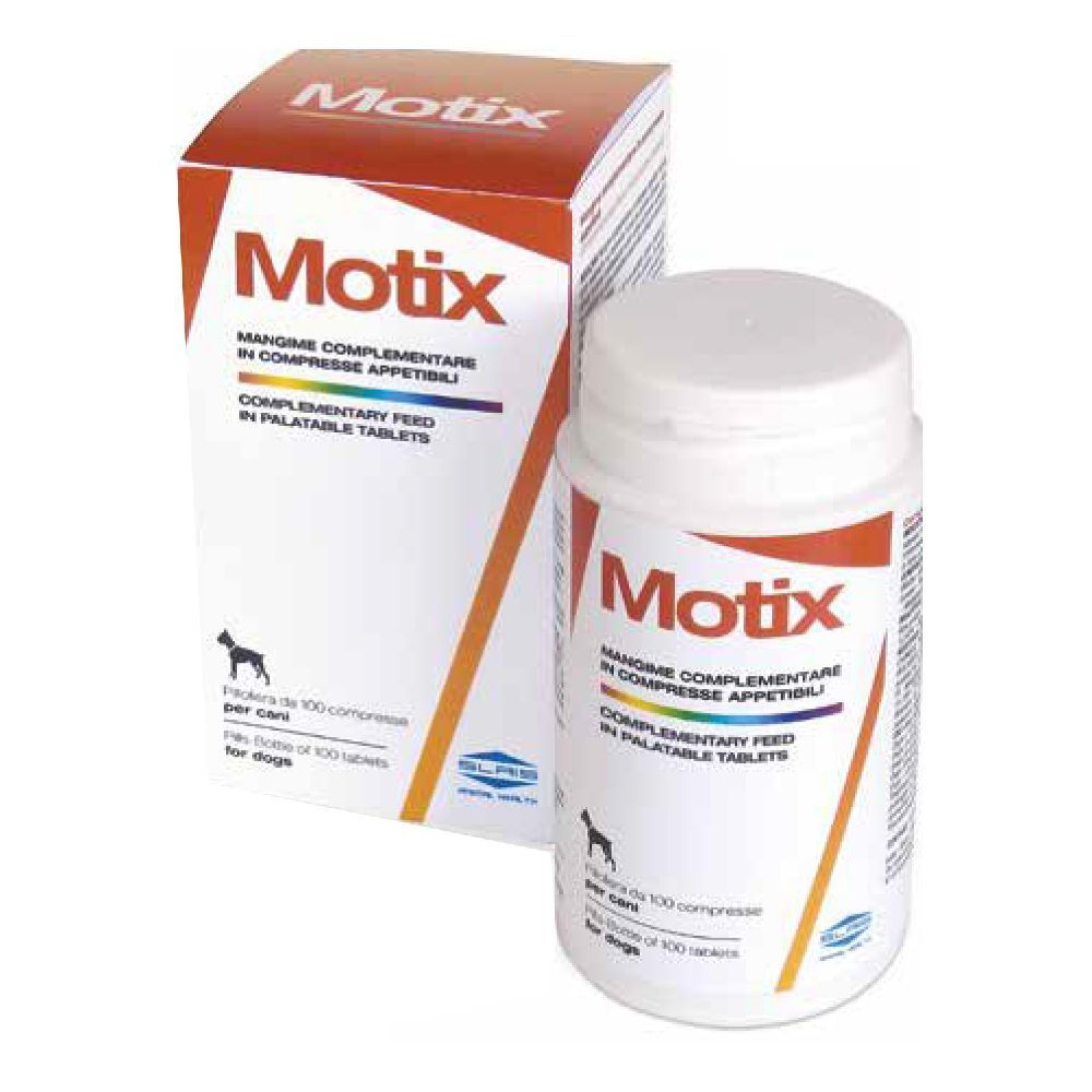 Confezione e flacone di compresse Motix. Flacone bianco con etichetta rossa e nome del prodotto. Confezione marrone.