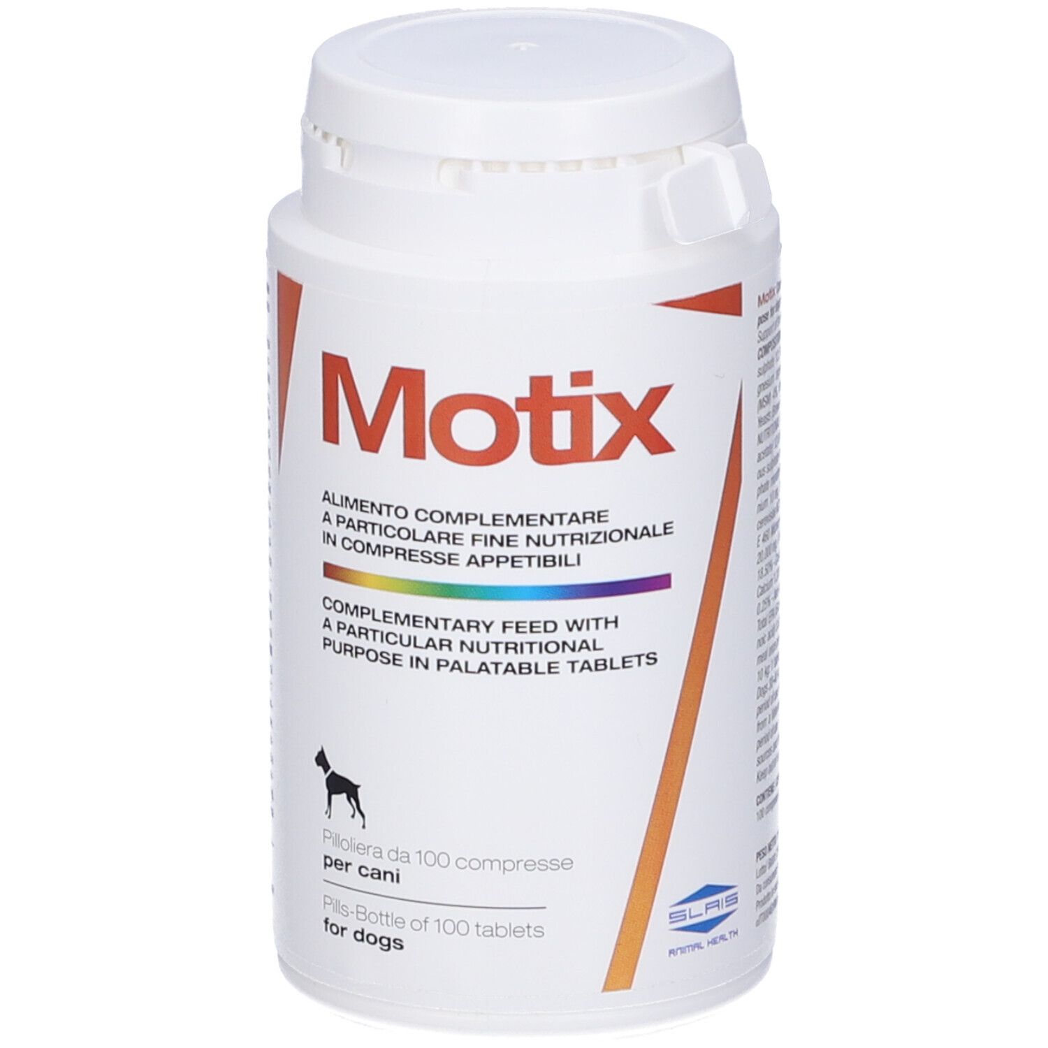Flacone bianco con etichetta rossa. Nome del prodotto Motix. Alimento complementare per cani in compresse.