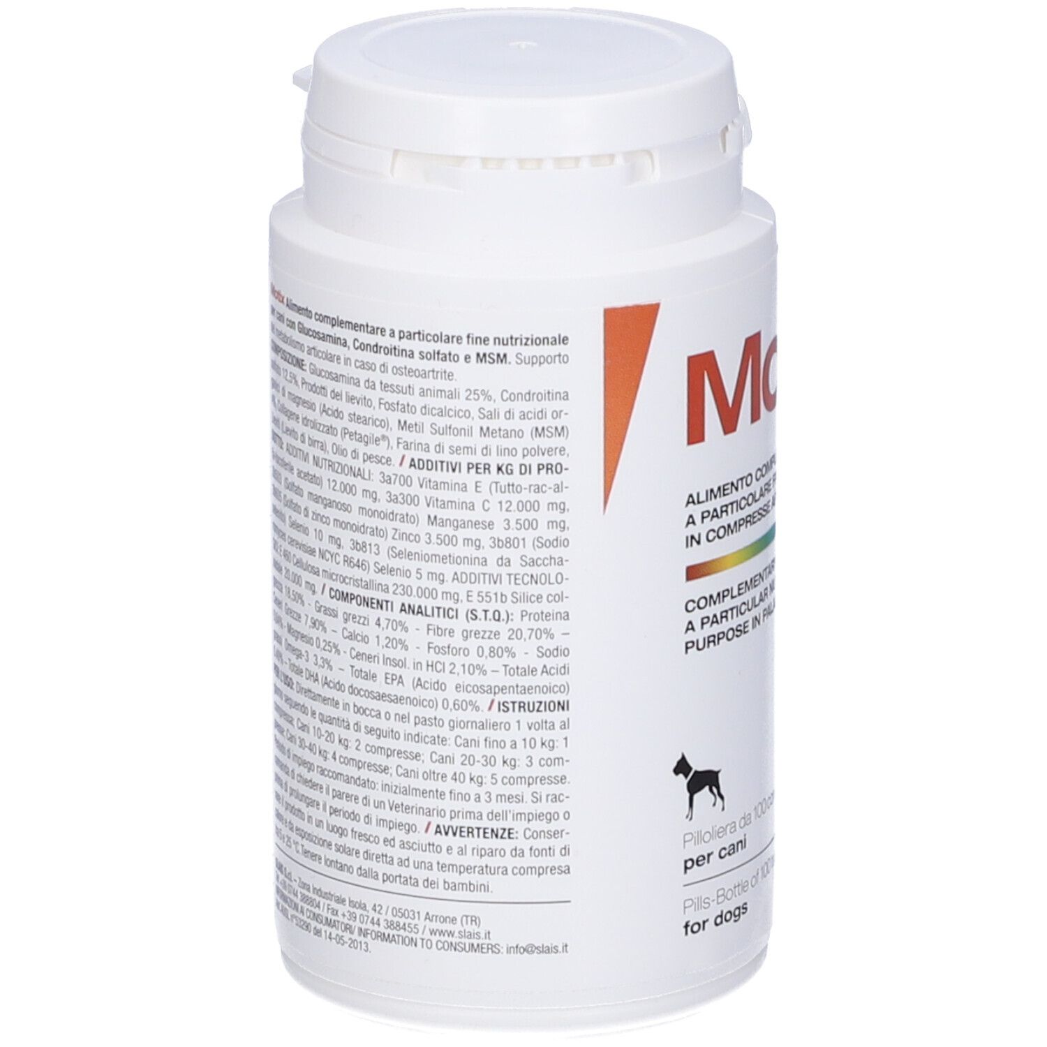 Flacone bianco con etichetta rossa. Nome del prodotto Motix. Alimento complementare per cani in compresse.