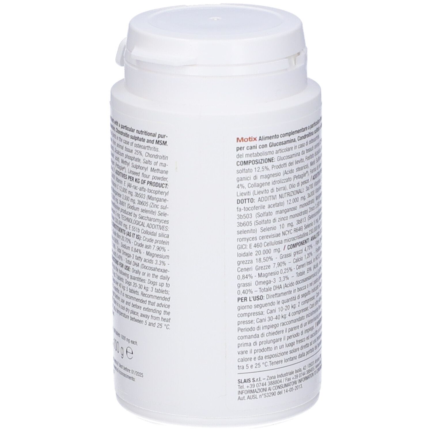 Flacone bianco con etichetta rossa. Nome del prodotto Motix. Alimento complementare per cani in compresse.