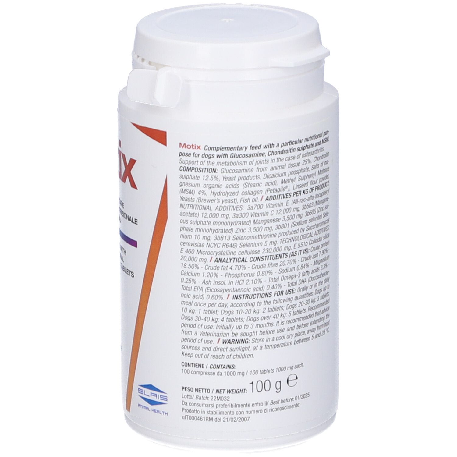 Flacone bianco con etichetta rossa. Nome del prodotto Motix. Alimento complementare per cani in compresse.