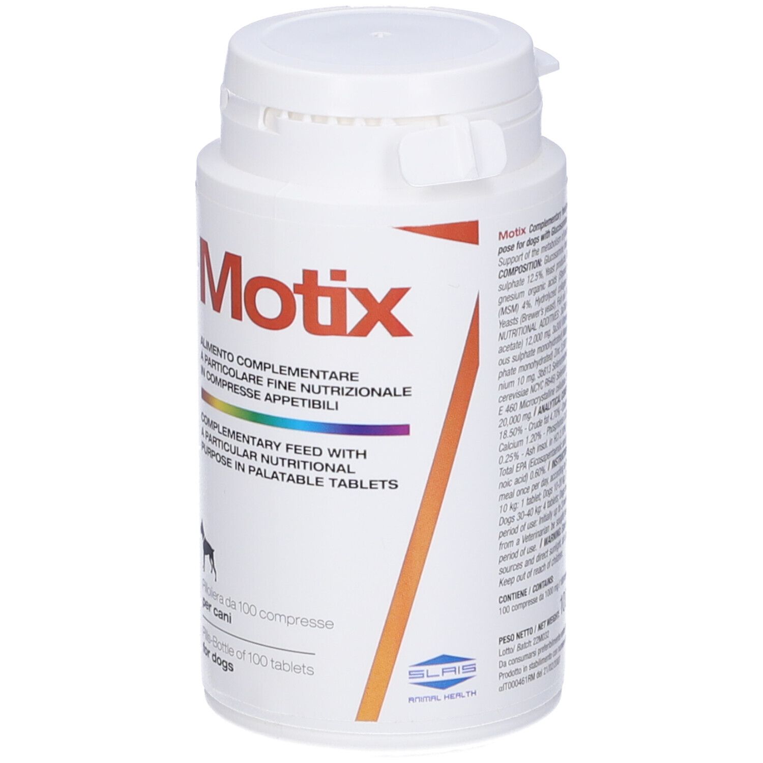 Flacone bianco con etichetta rossa. Nome del prodotto Motix. Alimento complementare per cani in compresse.