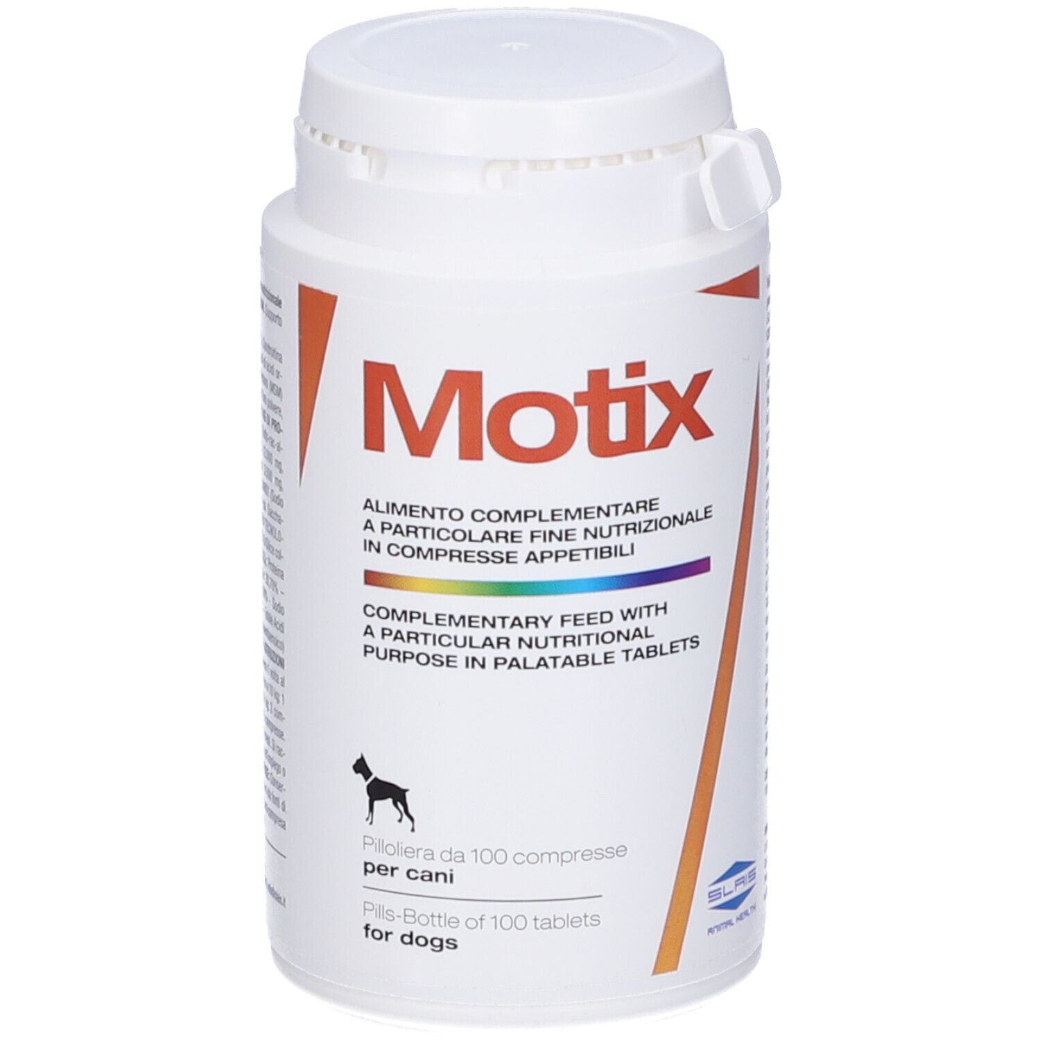 Flacone bianco con etichetta rossa. Nome del prodotto Motix. Alimento complementare per cani in compresse.