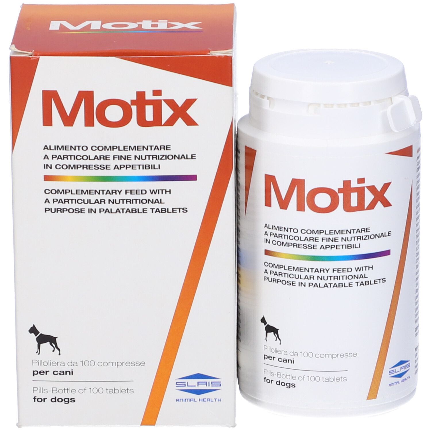 Confezione e flacone di compresse Motix. Flacone bianco con etichetta rossa e nome del prodotto. Confezione marrone.