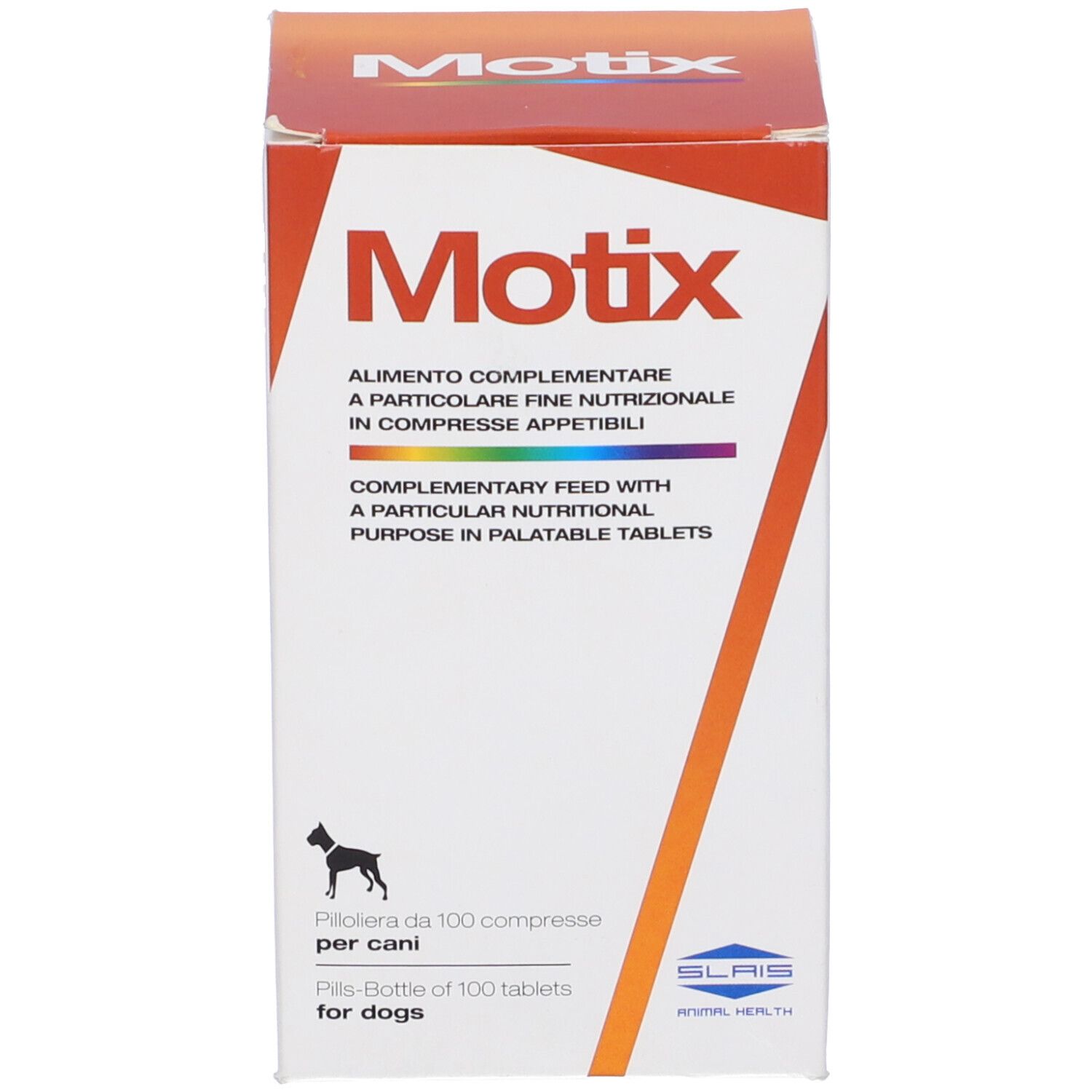 Confezione marrone con etichetta rossa. Nome del prodotto Motix. Alimento complementare per cani in compresse.