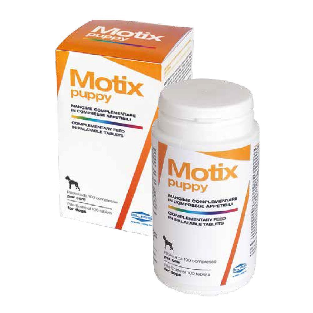 Flacone e scatola di compresse bianche. Scritta: Motix puppy. Alimento complementare per cani. 100 compresse.