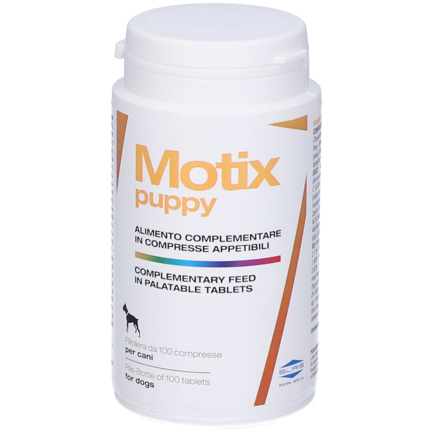 Flacone di compresse bianco con scritta: Motix puppy. Alimento complementare per cani. 100 compresse.