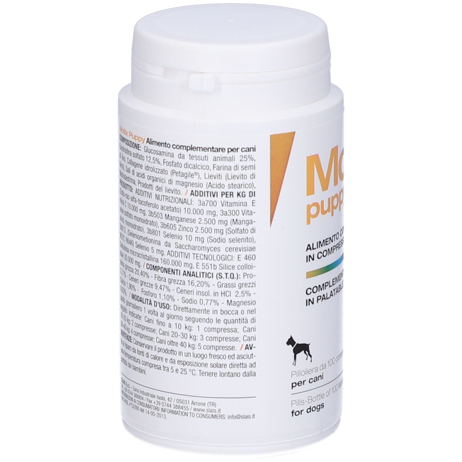 Retro del flacone di compresse bianco. Testo: Motix puppy. Ingredienti e uso.