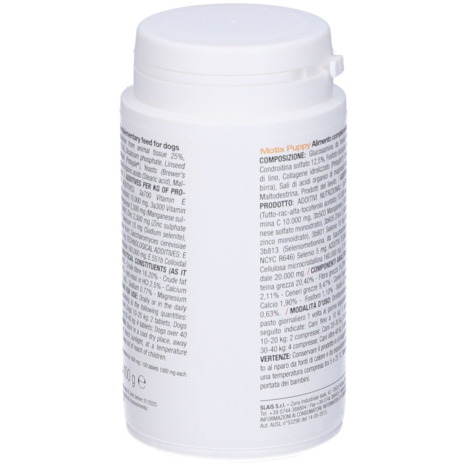 Retro del flacone di compresse bianco. Testo: Motix puppy. Ingredienti, uso e avvertenze.