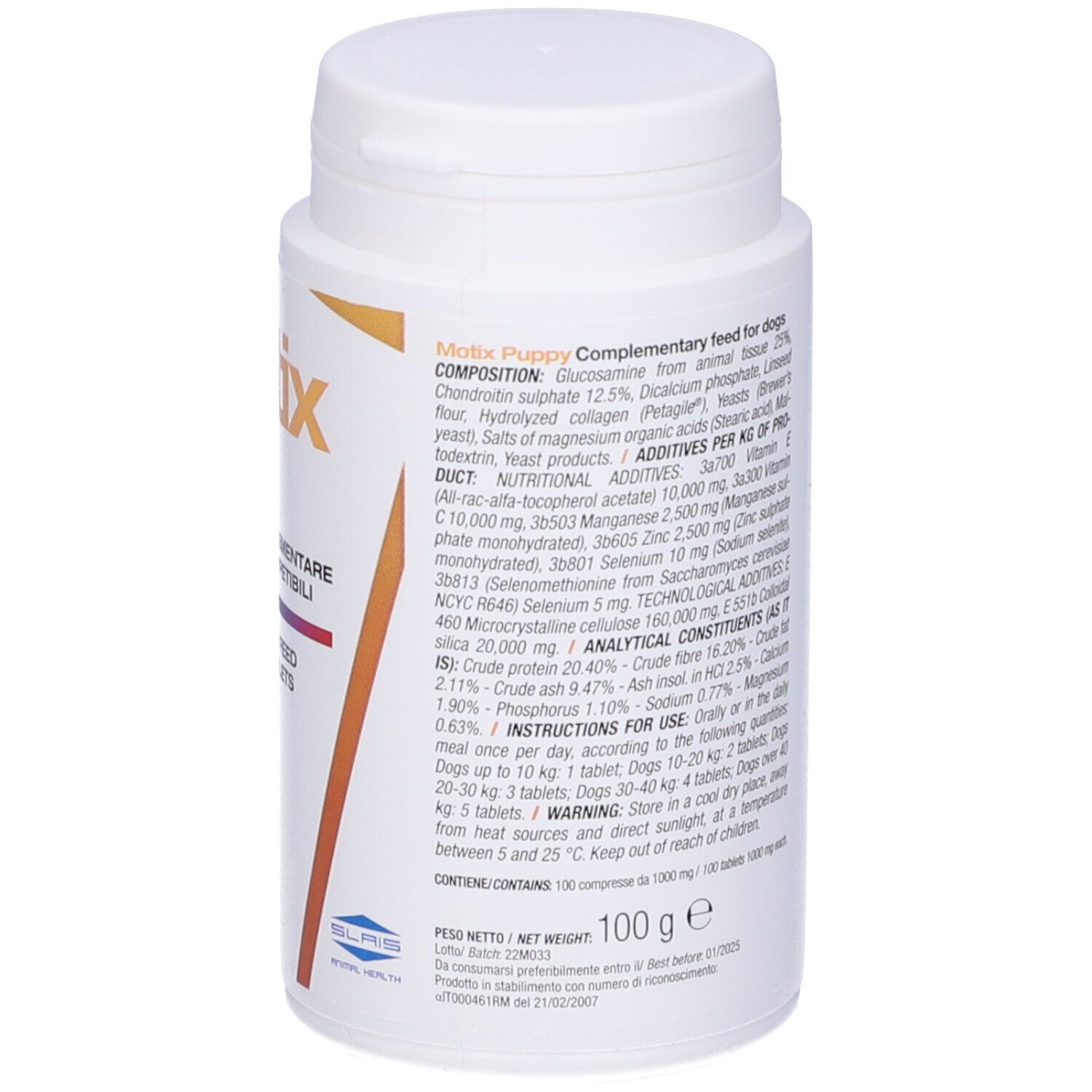Retro del flacone di compresse bianco. Testo: Motix puppy. Ingredienti, uso e avvertenze.