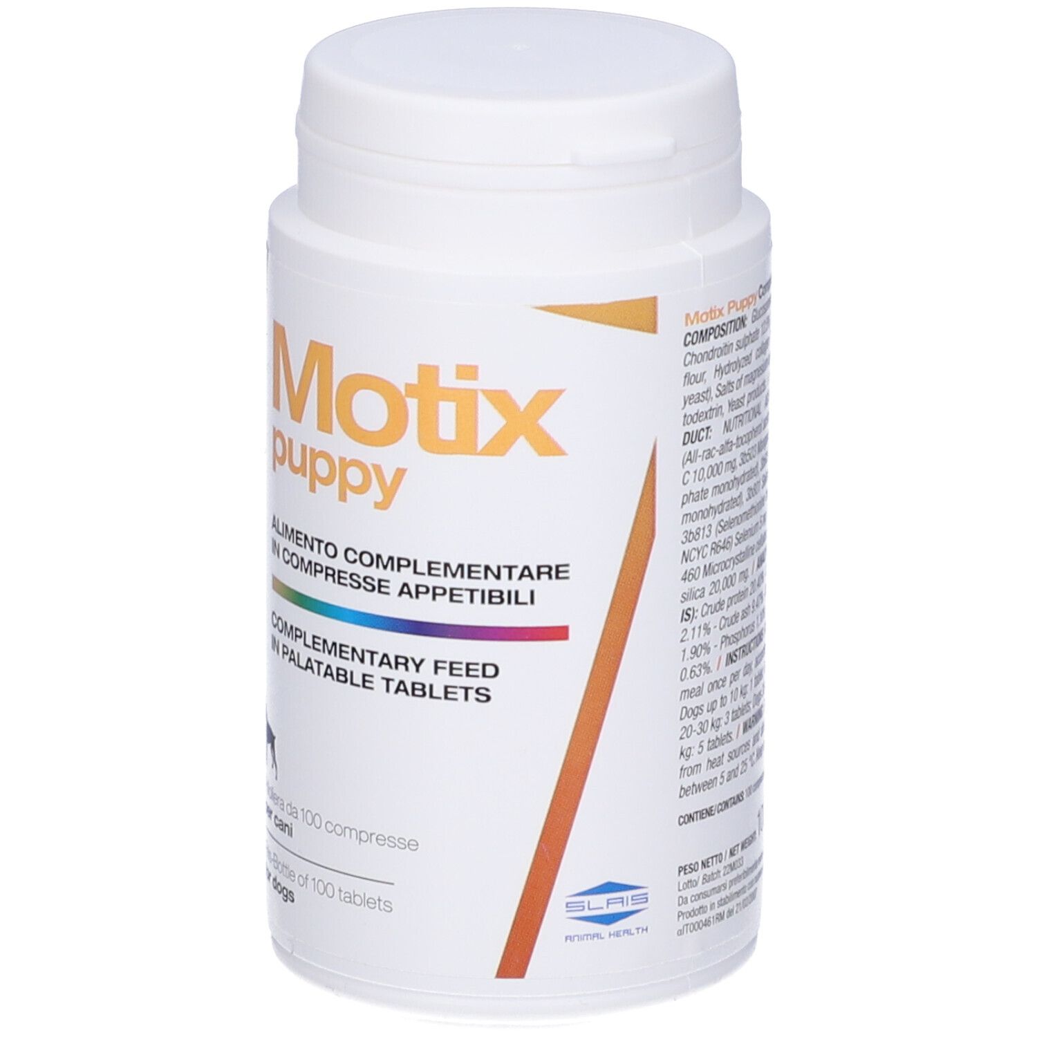 Flacone di compresse bianco con scritta: Motix puppy. Alimento complementare per cani. 100 compresse.