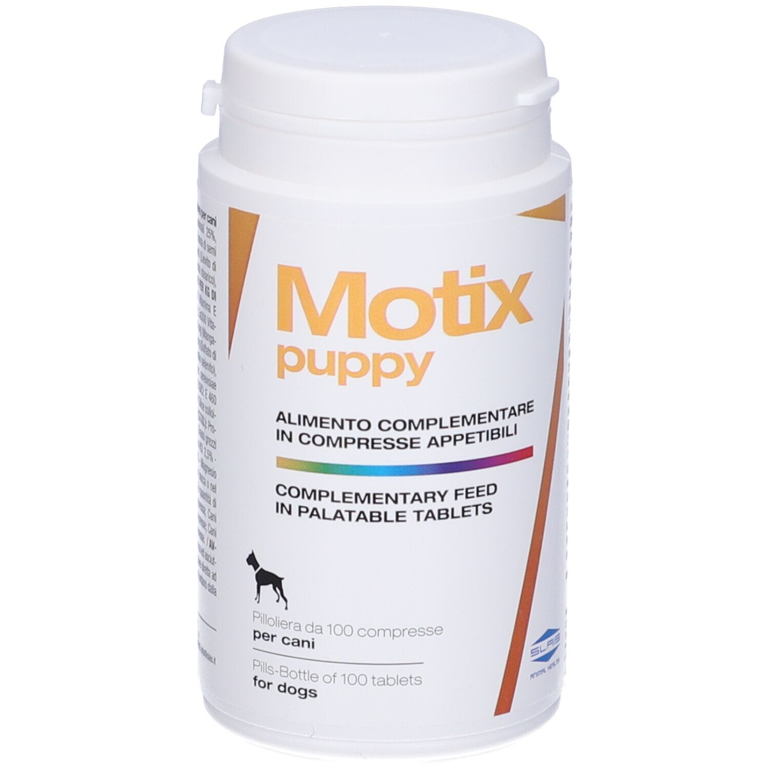 Flacone di compresse bianco con scritta: Motix puppy. Alimento complementare per cani. 100 compresse.