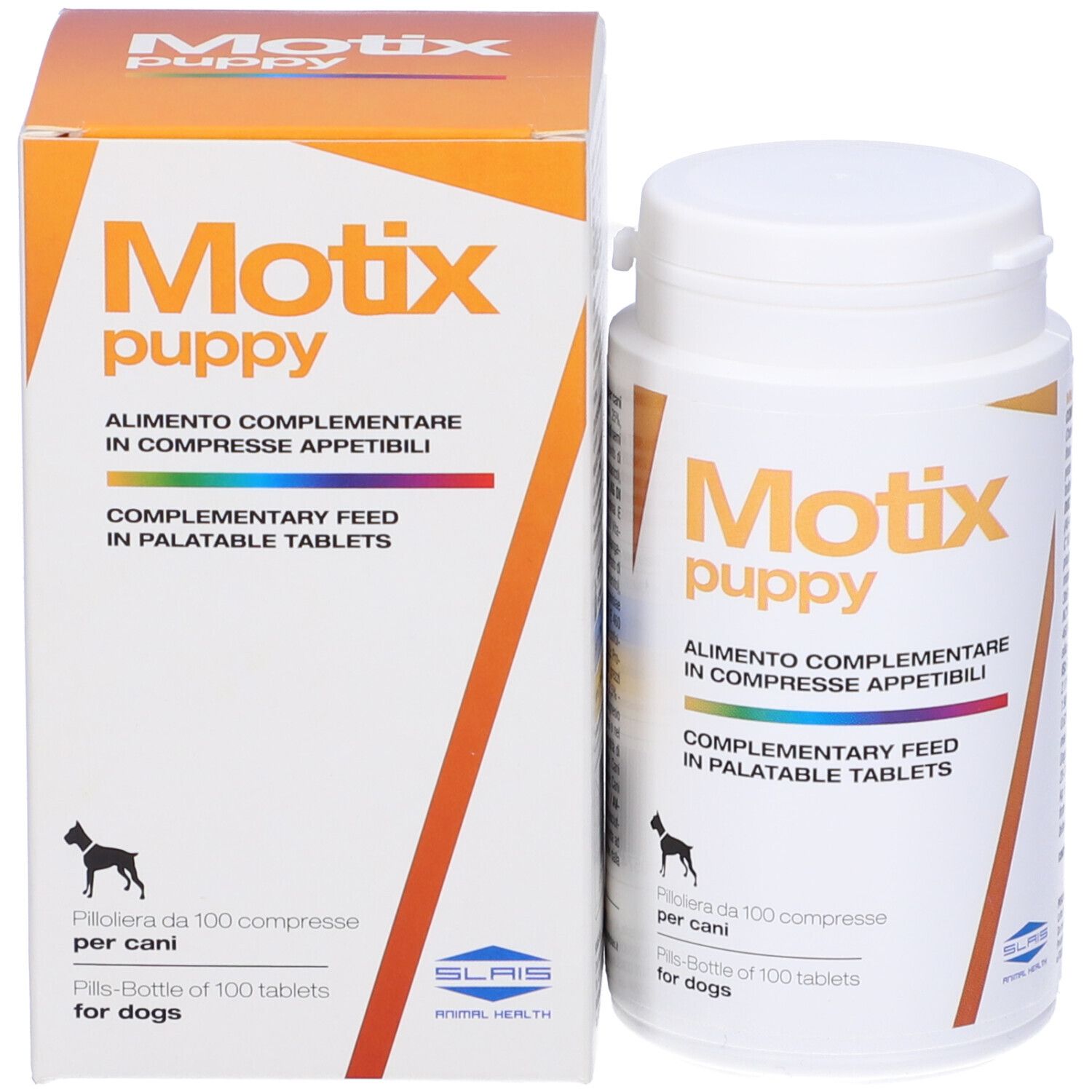 Flacone e scatola di compresse bianche. Scritta: Motix puppy. Alimento complementare per cani. 100 compresse.