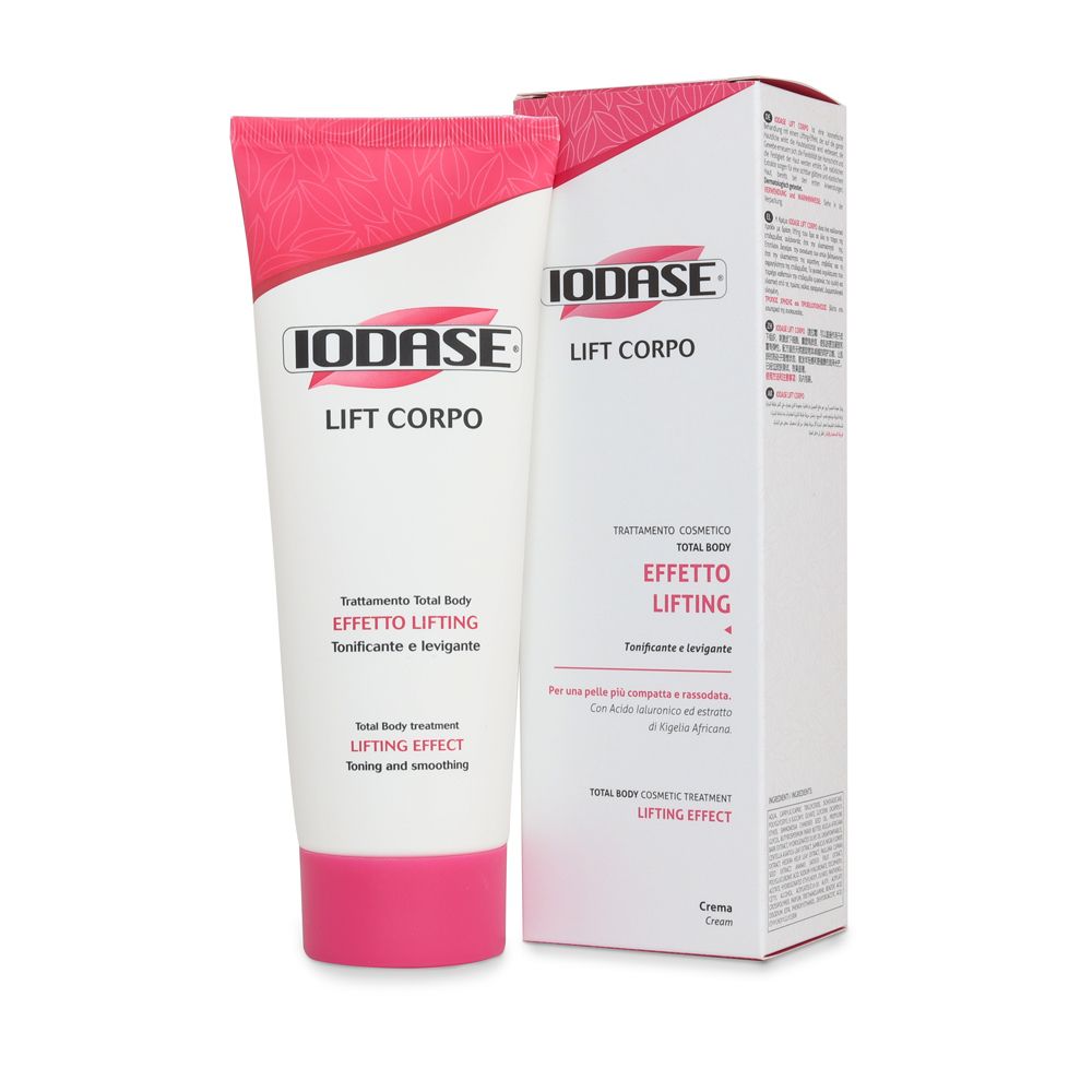 Tubo di crema con dettagli rosa e scritta IODASE LIFT CORPO. Accanto, la confezione.