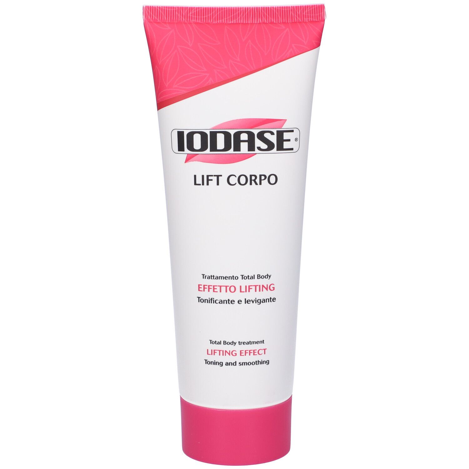 Tubo di crema con dettagli rosa e scritta IODASE LIFT CORPO. Sfondo bianco.