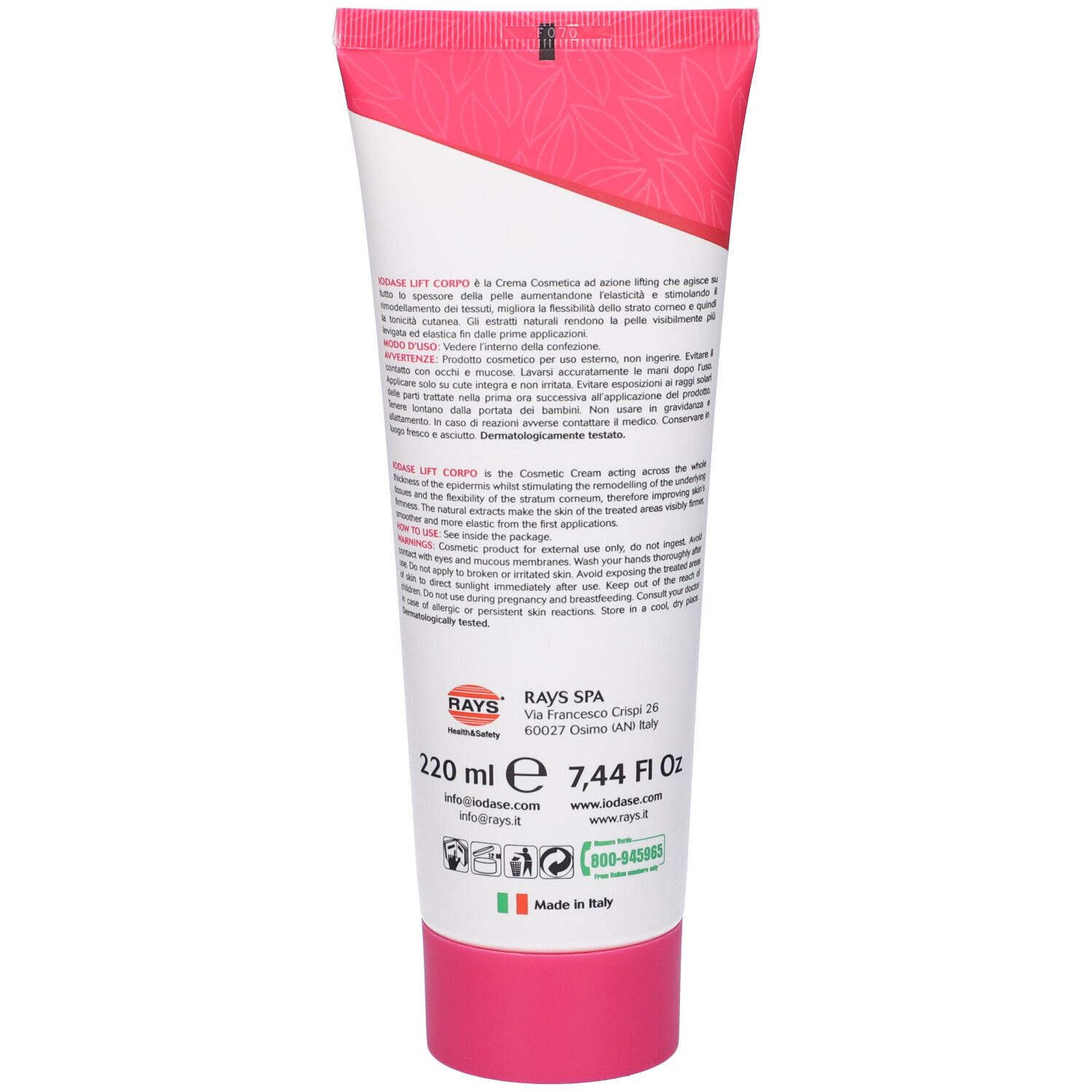 Retro del tubo di crema con testo e informazioni. Design rosa e bianco.