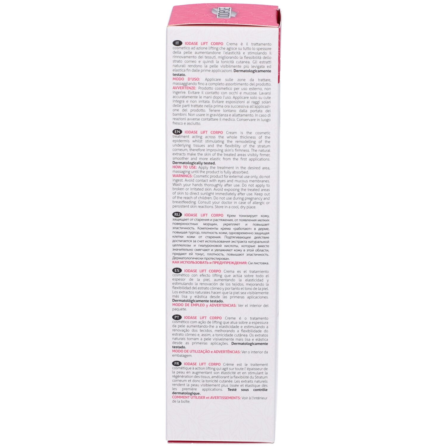Confezione con testo e informazioni. Design rosa e bianco.