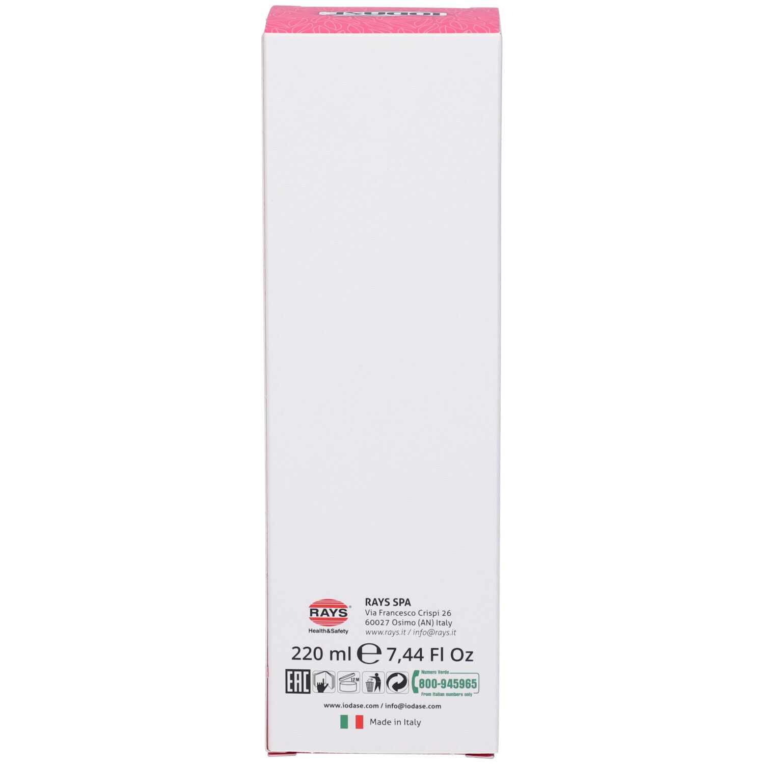 Retro della confezione con testo e informazioni. Rosa e bianco.
