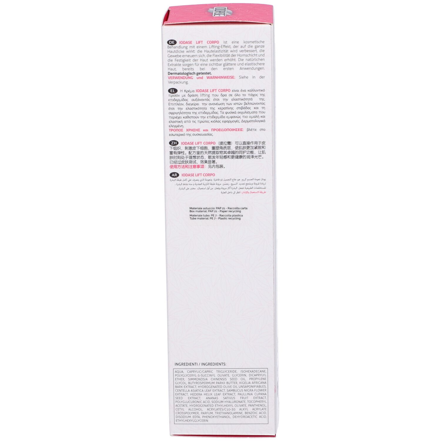 Lato della confezione con testo e informazioni. Design rosa e bianco.