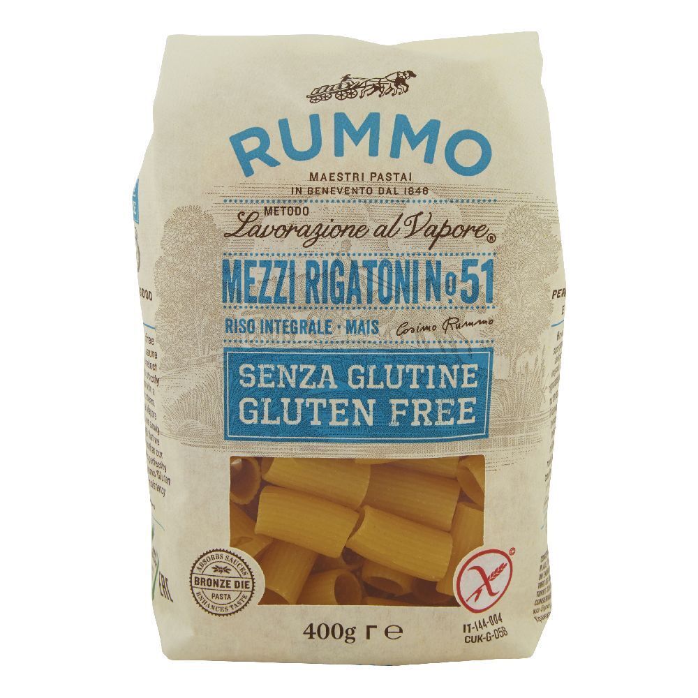 Verpackung mit Rummo Mezzi Rigatoni N° 51 Senza Glutine. Glutenfreie Pasta. Sichtfenster mit Nudeln. 400g.