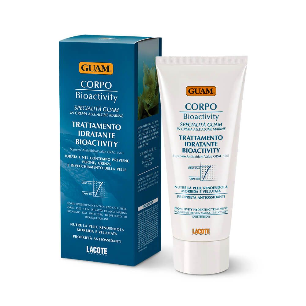 Tubo e scatola bianchi con stampa del prodotto. Scritta: GUAM, Corpo Bioactivity, Trattamento Idratante.