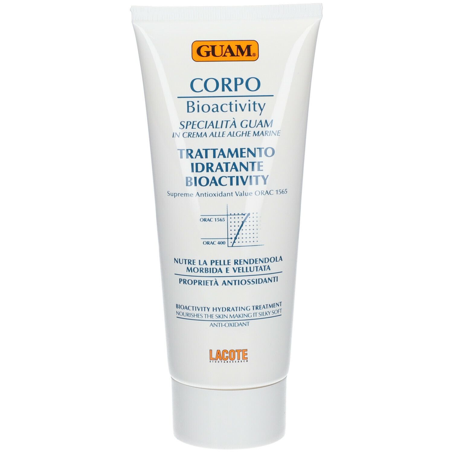 Tubo bianco con stampa del prodotto. Scritta: GUAM, Corpo Bioactivity, Trattamento Idratante.