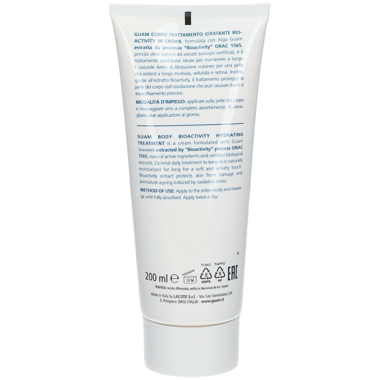 Retro del tubo bianco. Testo in italiano e inglese. Scritta: GUAM Body Bioactivity Hydrating Treatment.