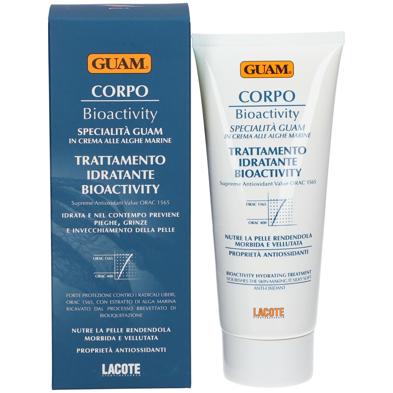 Tubo e scatola bianchi con stampa del prodotto. Scritta: GUAM, Corpo Bioactivity, Trattamento Idratante.