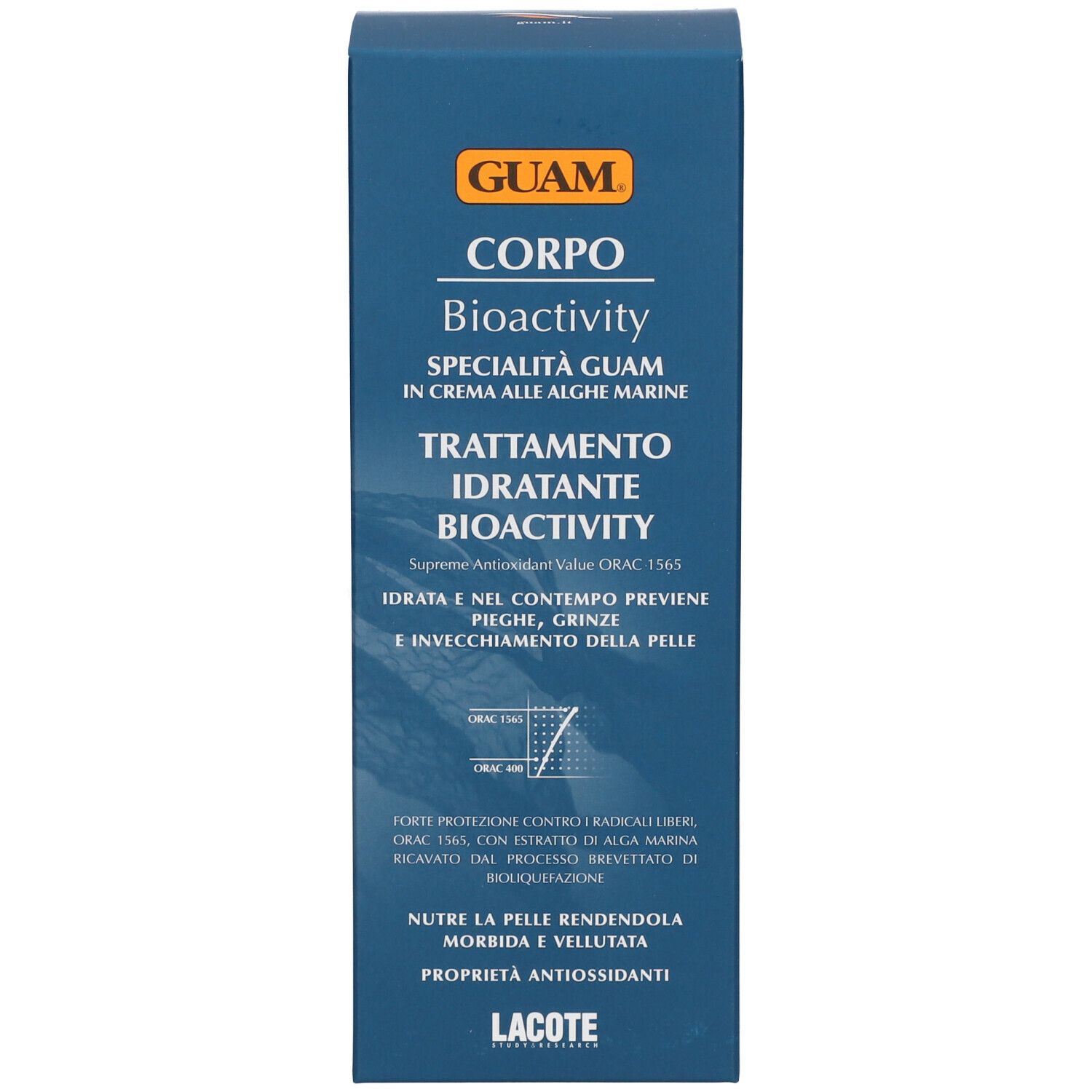 Scatola blu con stampa del prodotto. Scritta: GUAM, Corpo Bioactivity, Trattamento Idratante.