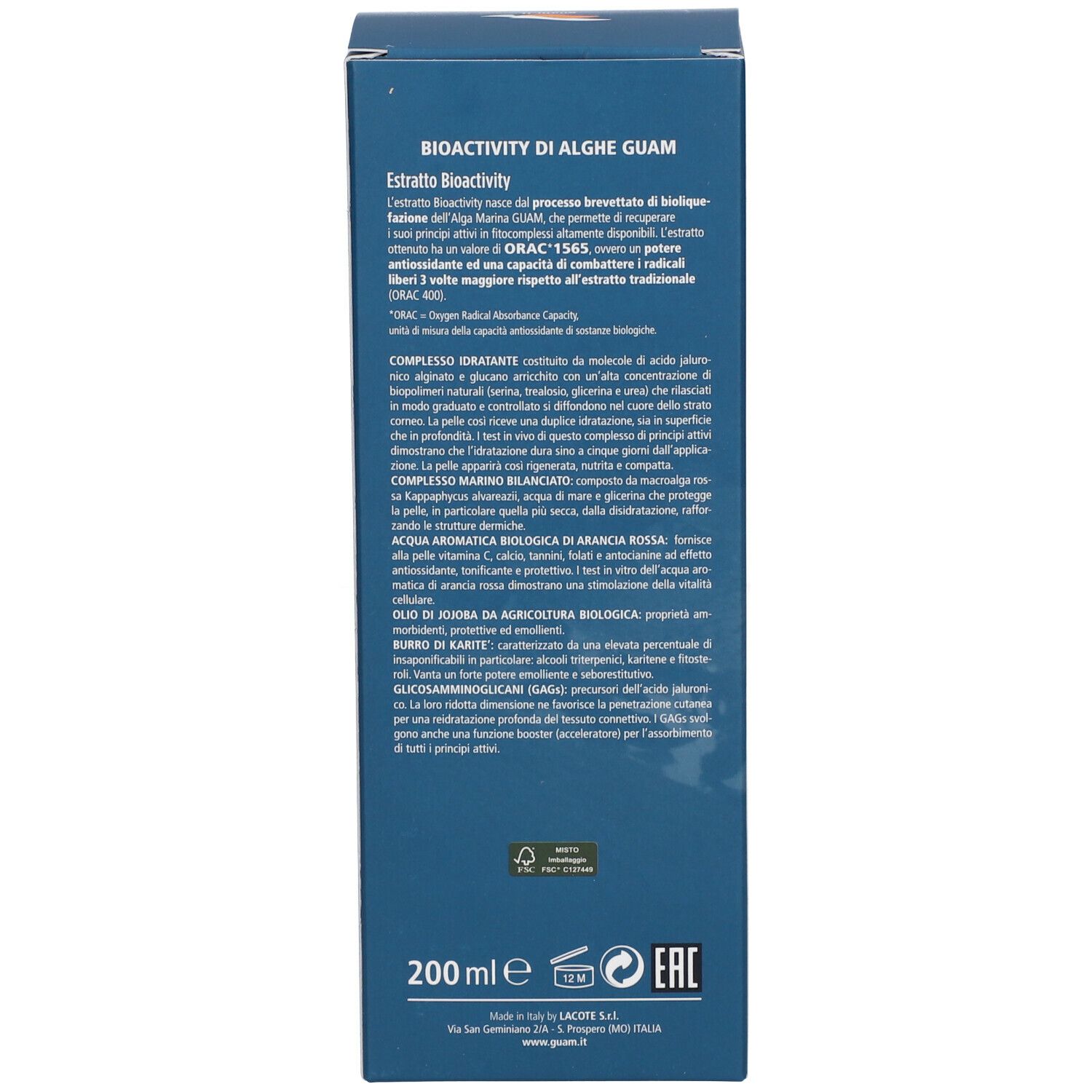 Retro della scatola blu. Testo in italiano. Scritta: Bioactivity di Alghe Guam. 200 ml.