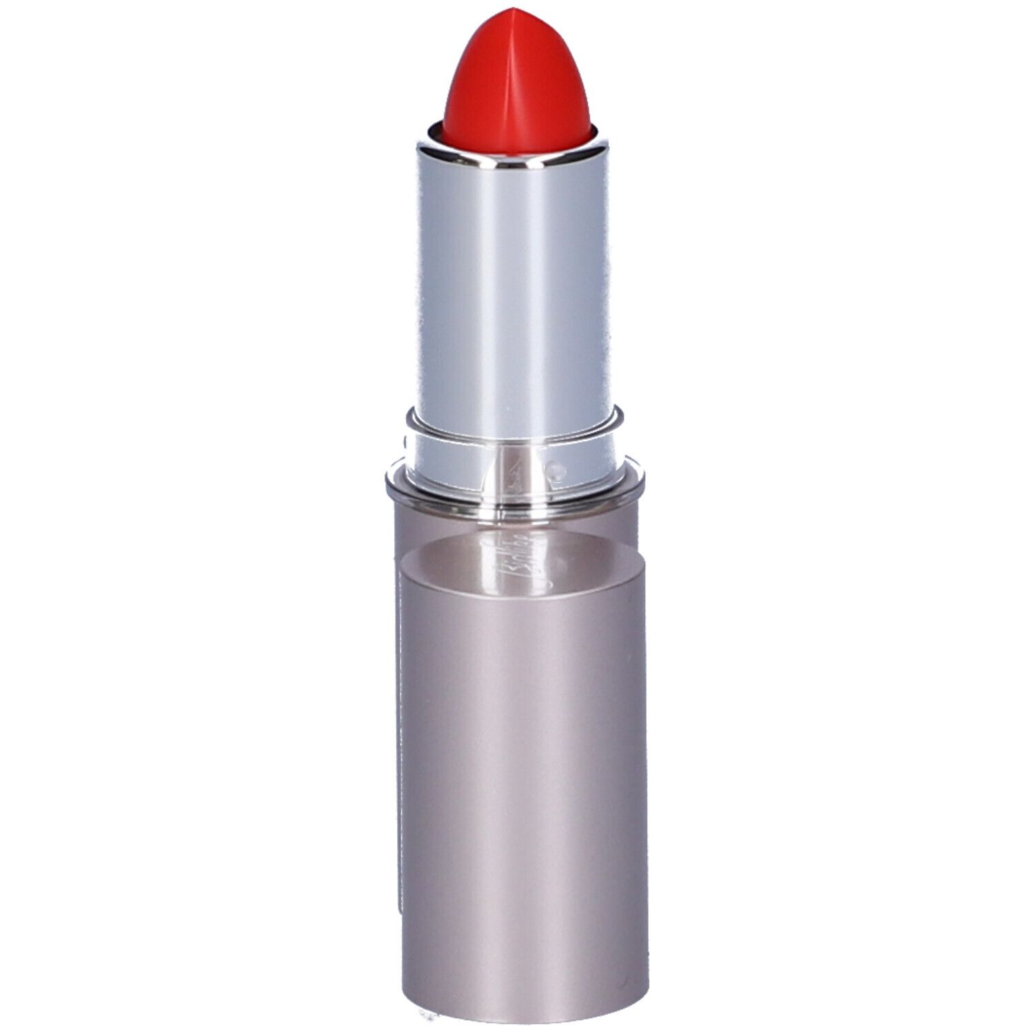Rossetto rosso con astuccio argentato. Il rossetto è parzialmente fuori dall'astuccio.