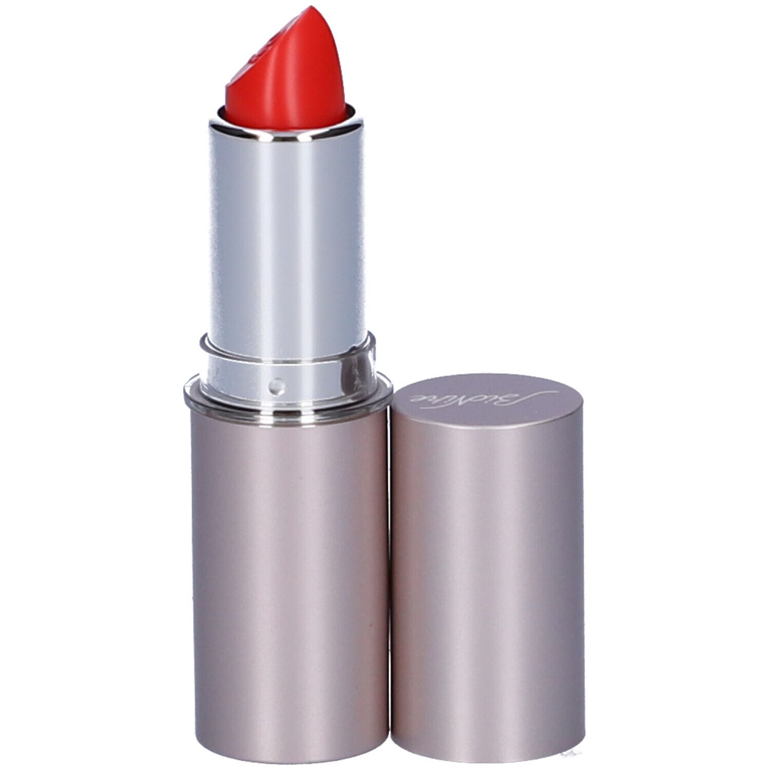 Rossetto rosso con astuccio argentato e cappuccio aperto. Sul tappo è scritto 'Bionike'.