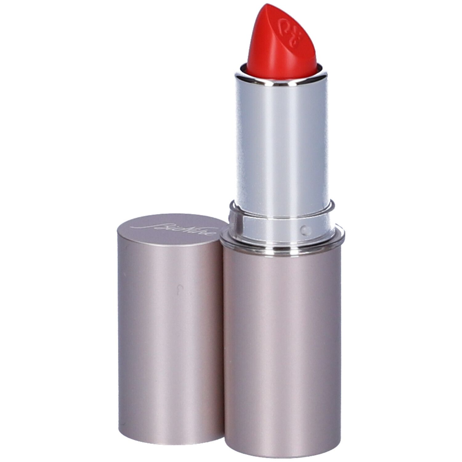 Rossetto rosso con astuccio argentato e cappuccio aperto. Sul tappo è scritto 'Bionike'.