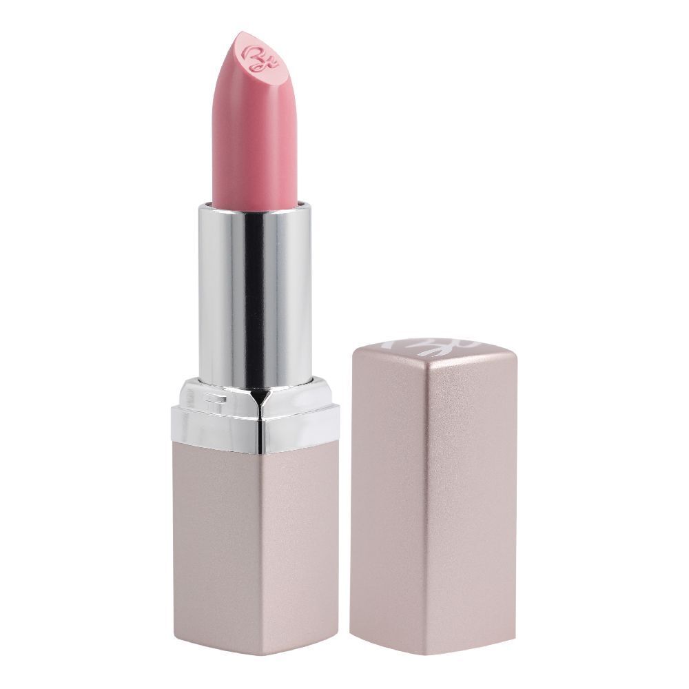 Rossetto rosa chiaro con astuccio argentato e cappuccio. Un logo è visibile sul rossetto. Il cappuccio è accanto.