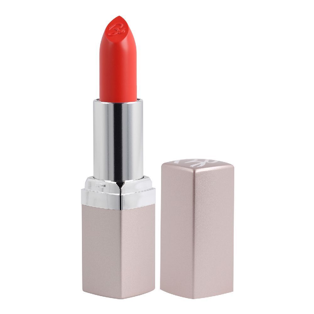 Rossetto rosso in astuccio argentato, cappuccio staccato. Il rossetto ha una punta smussata.