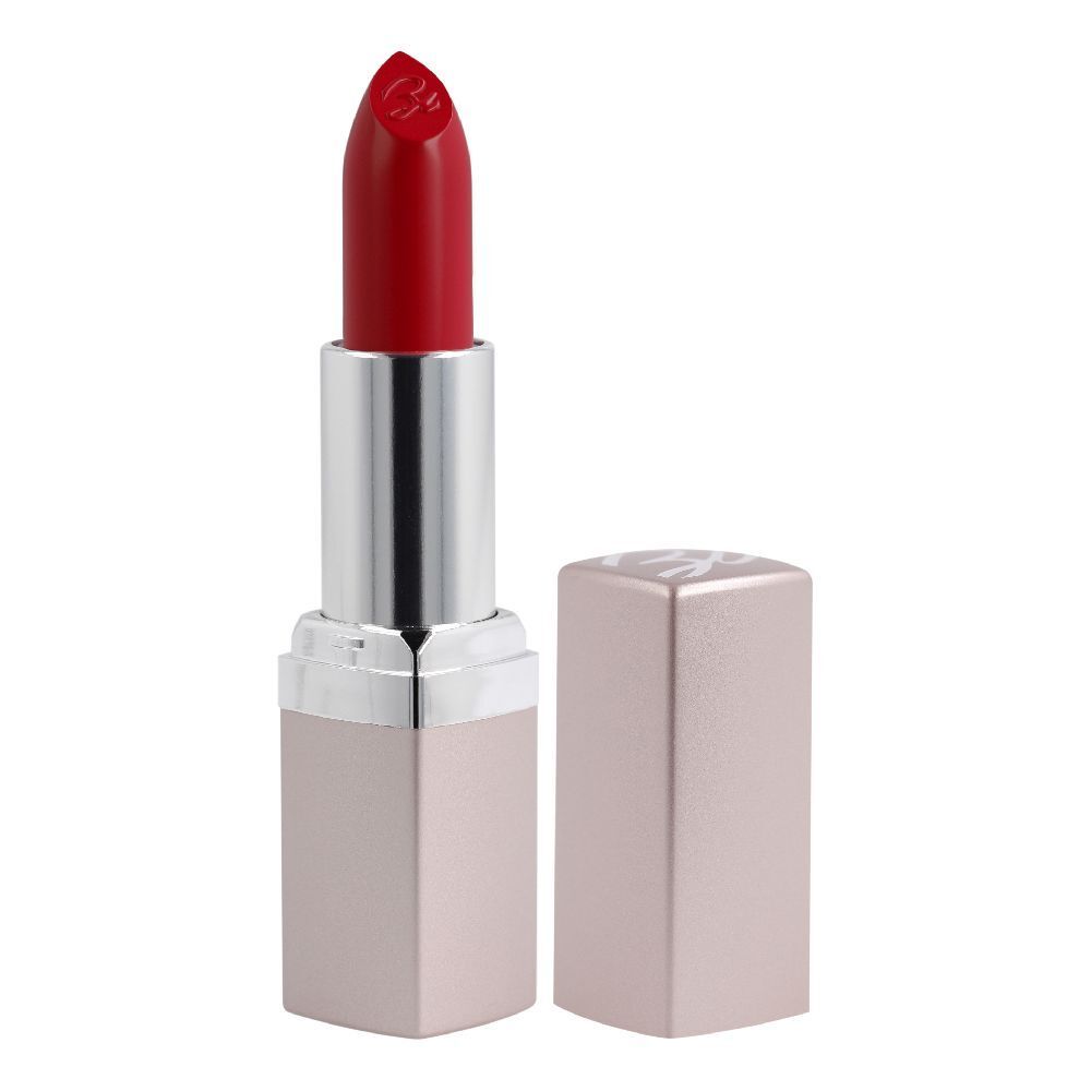 Rossetto rosso in astuccio argento-rosa. Coperchio accanto. Astuccio con logo.