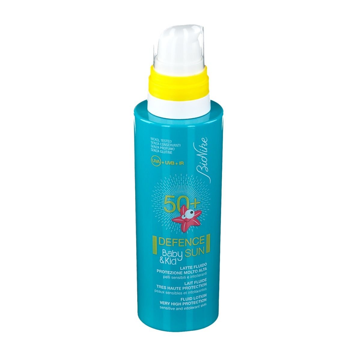 Türkisgrüne Flasche mit weißem Pumpkopf und gelbem Ring. Aufschrift: Bionike, Defence Sun Baby&Kid, SPF 50+.