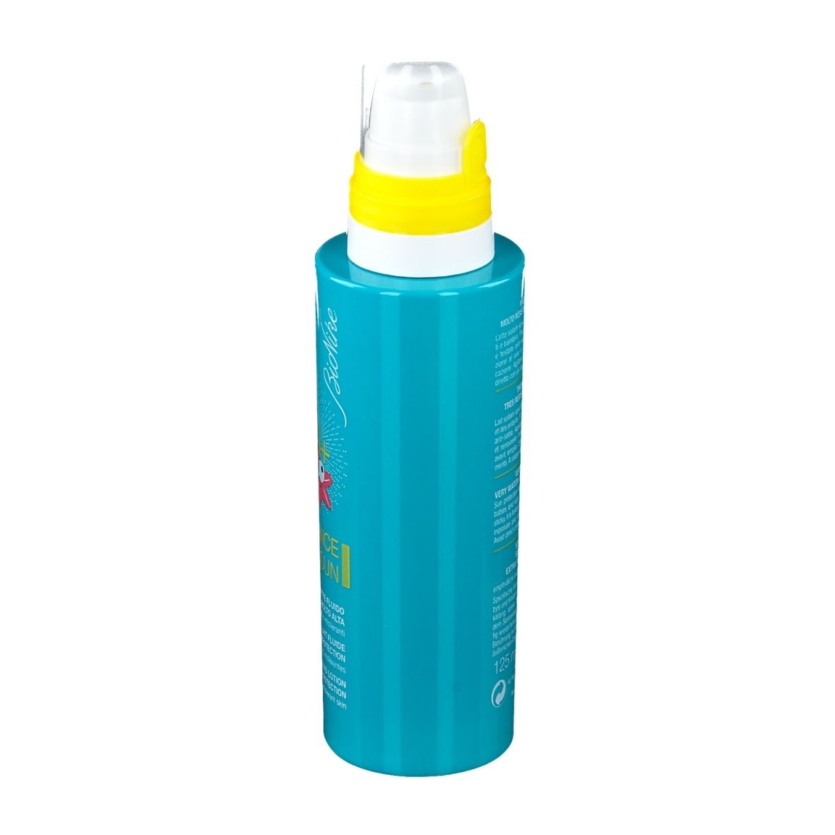 Türkisgrüne Flasche mit weißem Pumpkopf und gelbem Ring. Auf der Seite Text.