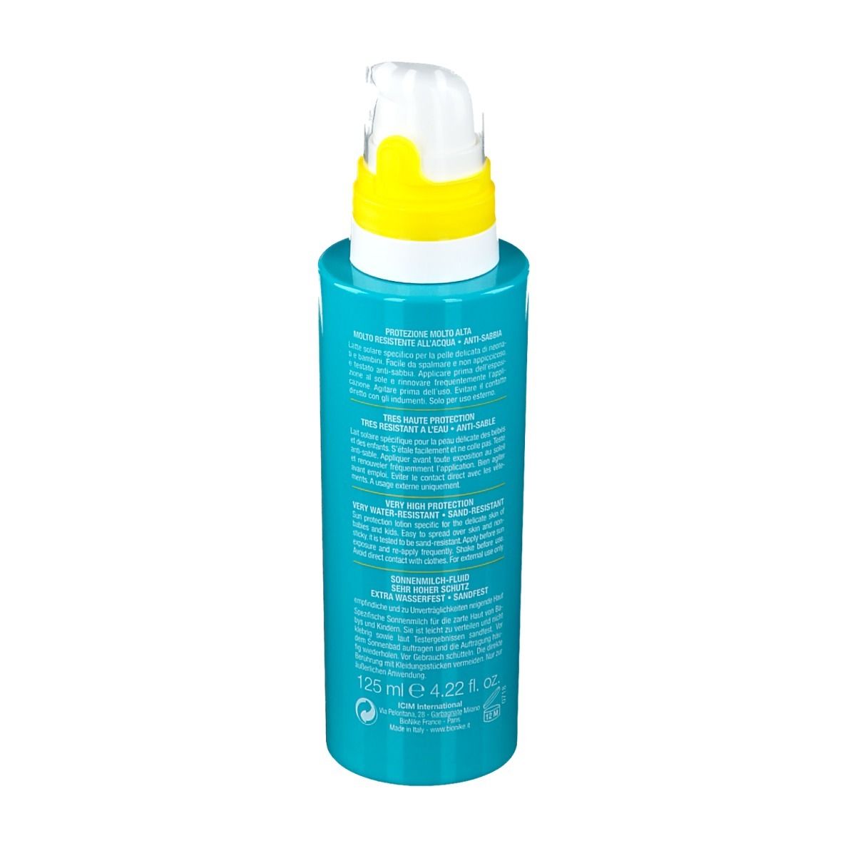 Rückseite der türkisfarbenen Flasche mit weißem Pumpkopf und gelbem Ring. Text.