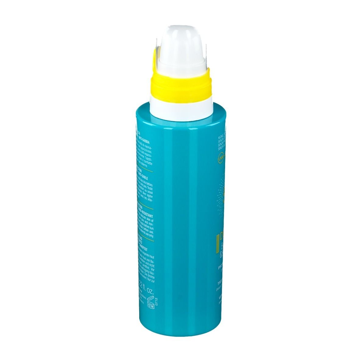 Türkisgrüne Flasche mit weißem Pumpkopf und gelbem Ring. Auf der Seite Text.